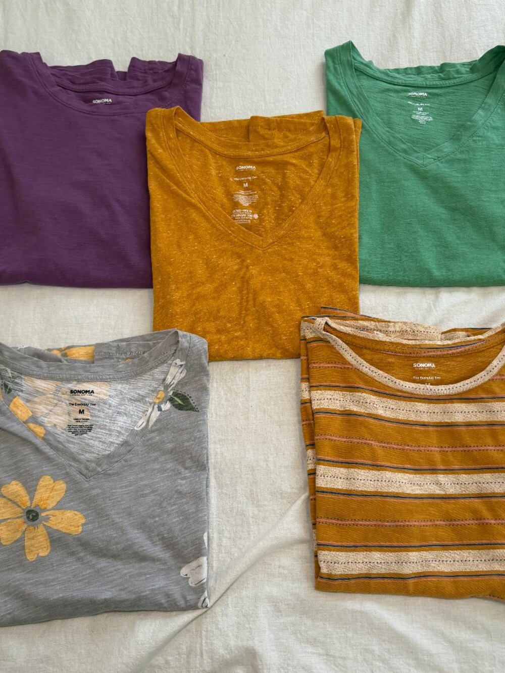 Lot of 5 Sonoma Everyday Tees Womens M Purple Yellow Green Gray Floral Stripes